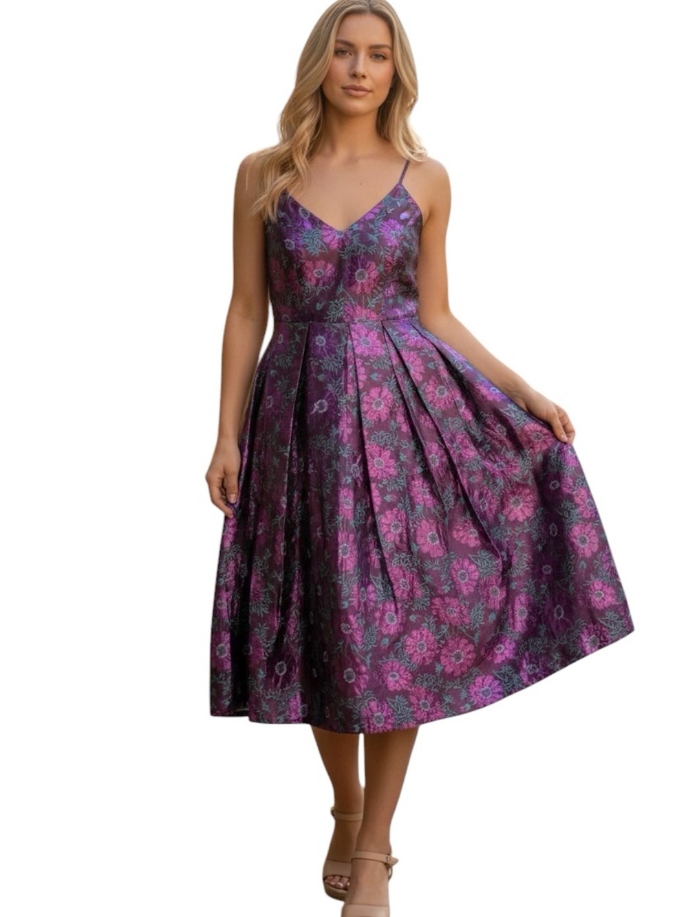 Metallic floral brocade fit & flare dress in purple burgundy, pink, and green XS